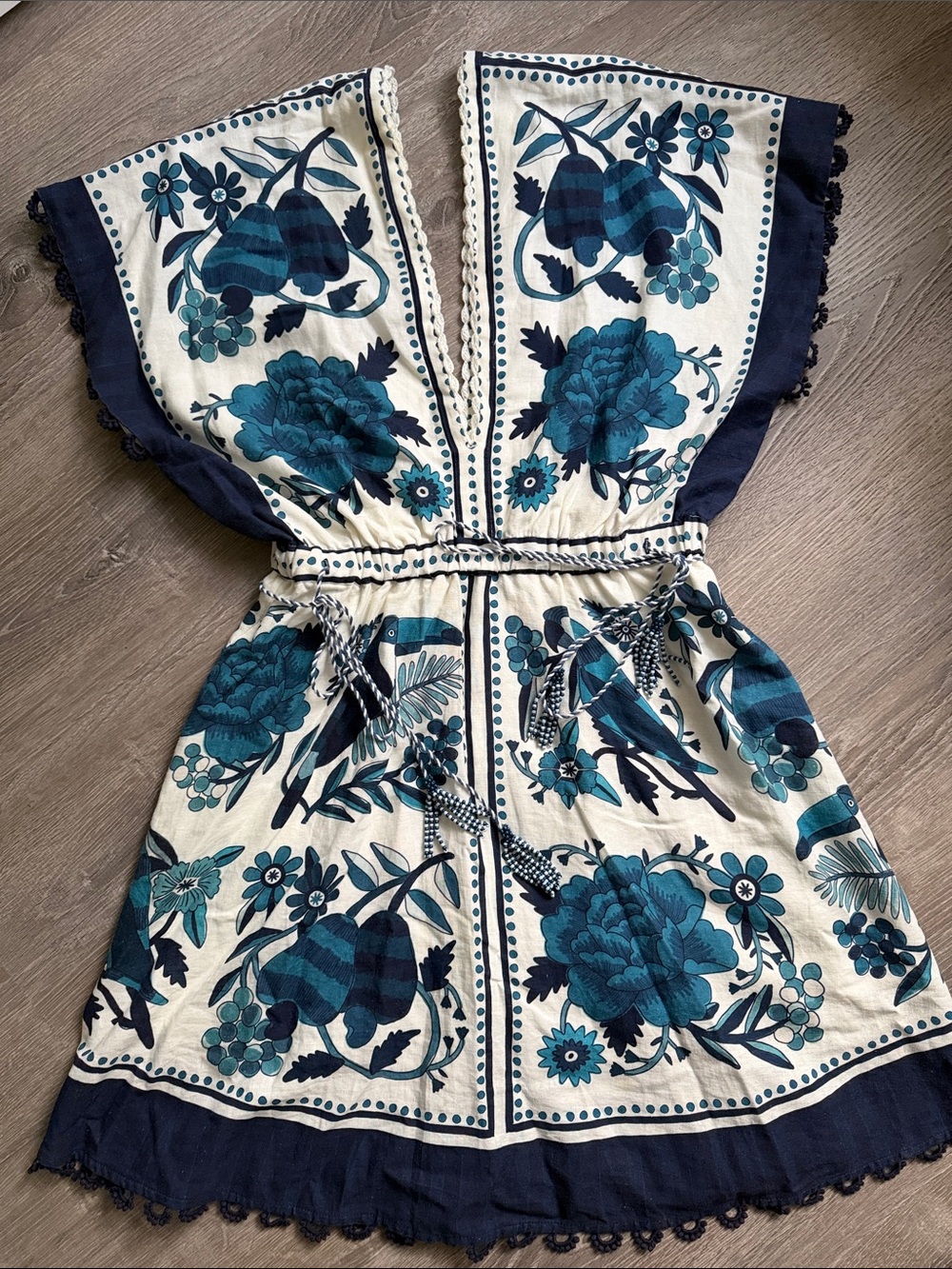FARM Rio Cream Dress with Teal & Navy Floral Print